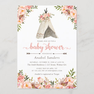 Floral Boho Teepee Chic Arrows Tribal Baby Shower Invitation