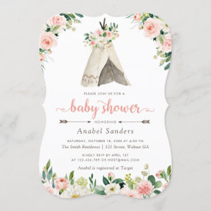 Floral Boho Teepee Chic Arrows Tribal Baby Shower Invitation