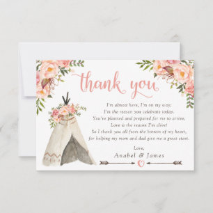 Floral Boho Teepee Chic Arrows Tribal Baby Shower Thank You Card