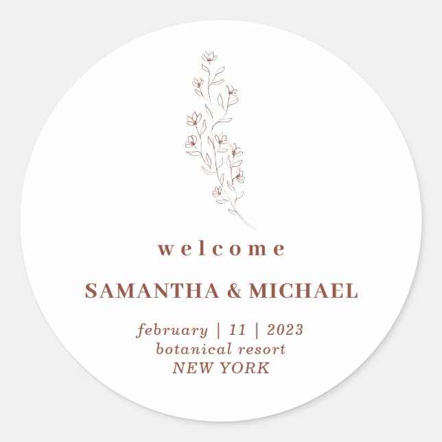 Floral Boho Terracotta Indie Welcome Wedding Classic Round Sticker (Front)