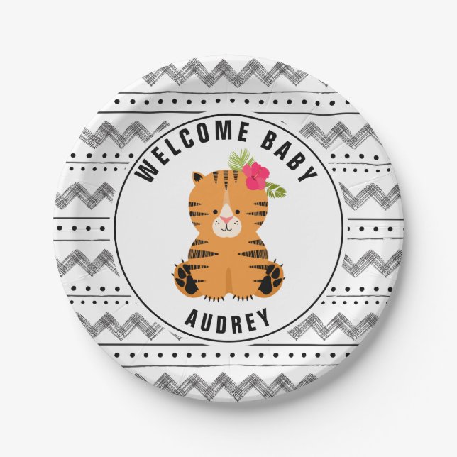 Floral Boho Tiger Black And White Baby Shower Paper Plate (Front)