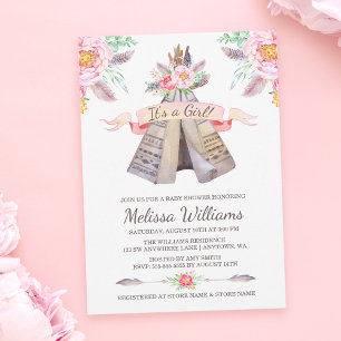 Floral Boho Tribal Teepee Girl Baby Shower Invitation