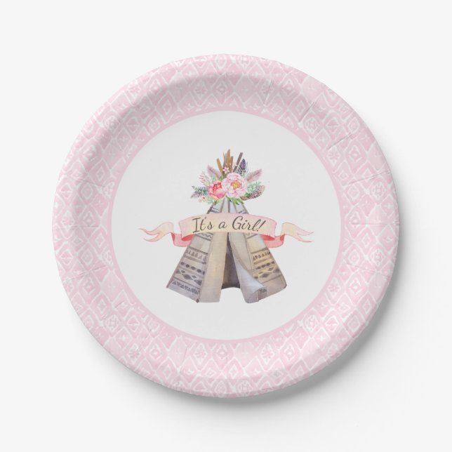 Floral Boho Tribal Teepee Girl Baby Shower Paper Plate (Front)