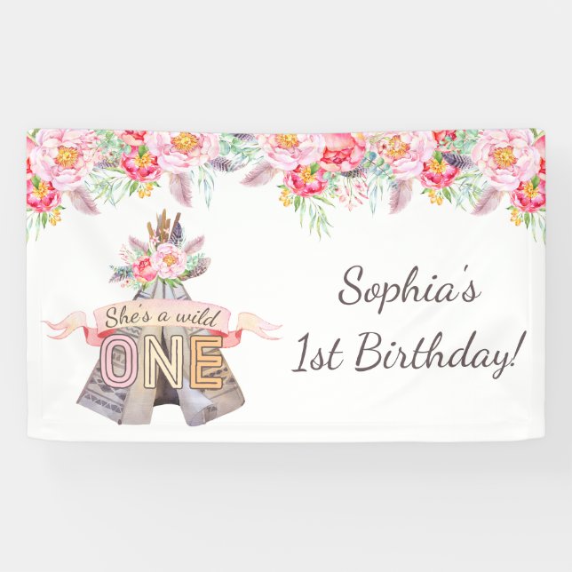 Floral Boho Tribal Teepee Wild One 1st Birthday Banner (Horizontal)