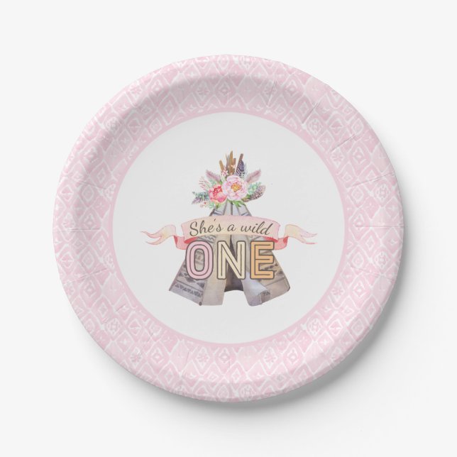 Floral Boho Tribal Teepee Wild One 1st Birthday Paper Plate (Front)