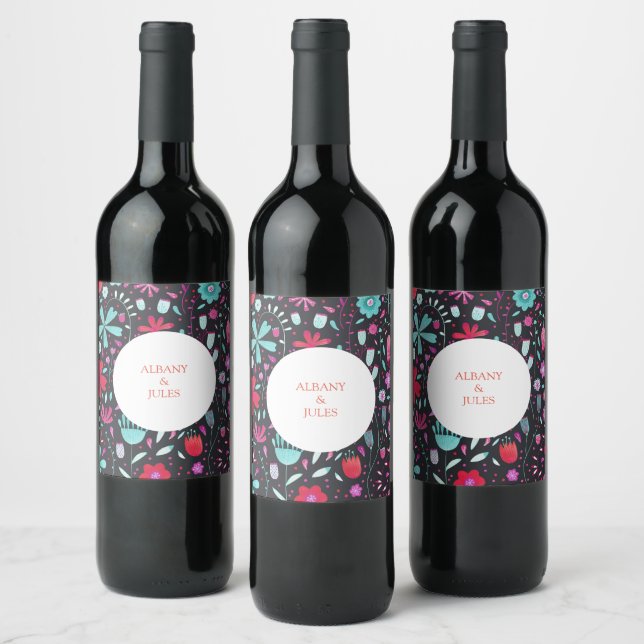Floral Boho Watercolor Dark Wedding Wine Label (Bottles)