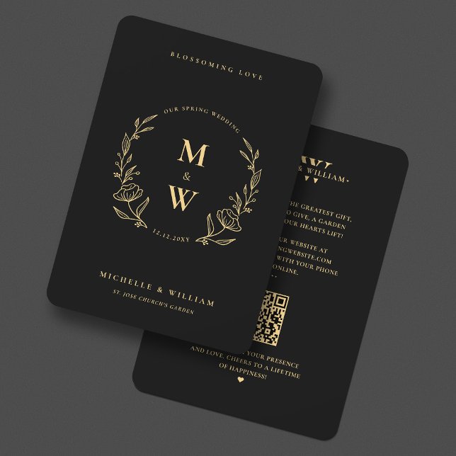 Floral Boho Wedding Monogram Elegant Black Gold Invitation (Floral Boho Wedding Monogram Elegant Black Gold Invitation
)