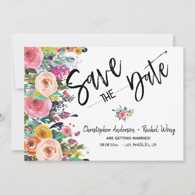 Floral Boho Wedding Script Photo Save the Date Invitation (Front)