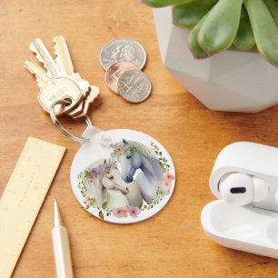 Floral Boho White Horses Key Ring