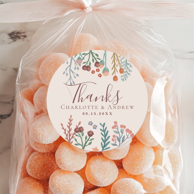 Floral Boho Wildflower Wedding Favour Classic Round Sticker (Creator Uploaded)