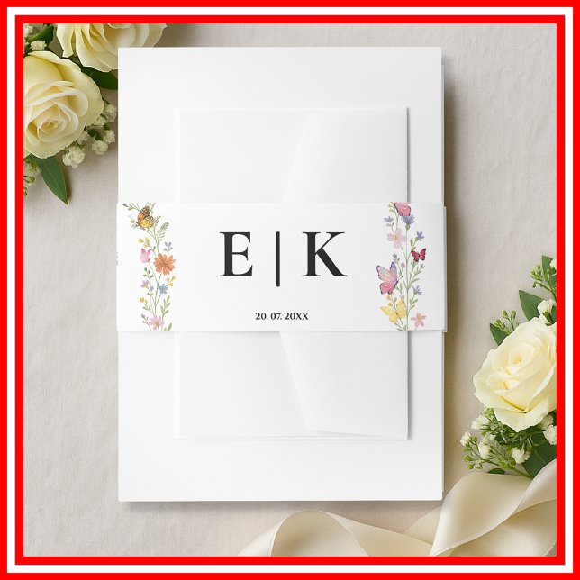 Floral Boho Wildflowers Modern Monogram Wedding Invitation Belly Band (Creator Uploaded)