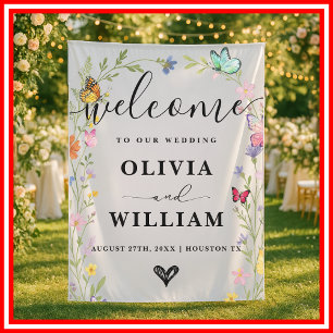 Floral Boho Wildflowers Wedding Welcome Sign Tapestry