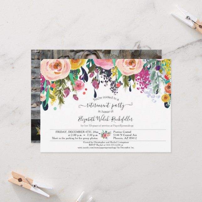 Floral Bon Voyage Farewell Retirement Party Photo  Invitation (Front/Back In Situ)