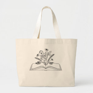 Floral Book Boho Line Art Large Tote Bag
