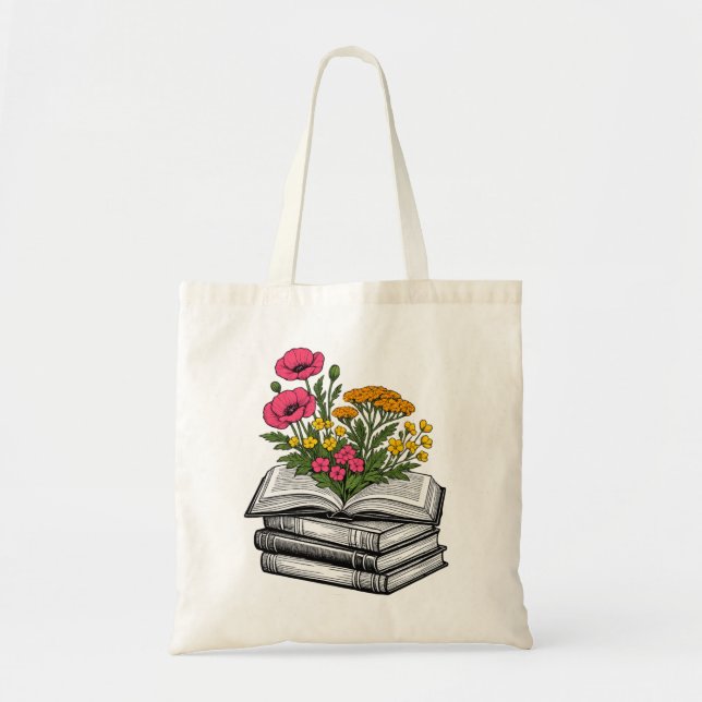 Floral Book Stack Aesthetic Wildflower Reader Tote Bag (Front)