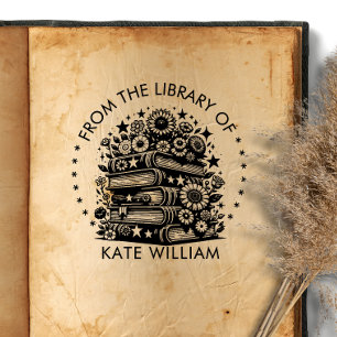 Floral book stack From the library of Round stamp 