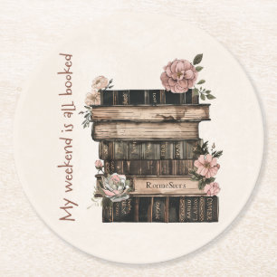 Floral Book Stack Round Paper Coaster