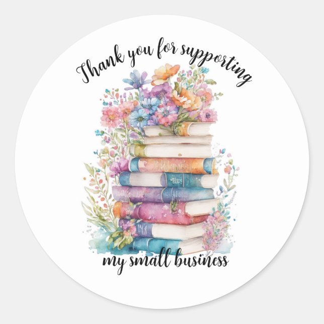 Floral Books Thank you Supporting Small Business Classic Round Sticker (Front)