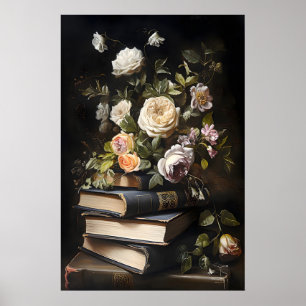 Floral Books Vintage Poster, Dark Academia Poster
