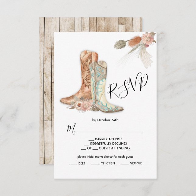 Floral Boots Cowboy Western Menu Choice RSVP Card (Front/Back)
