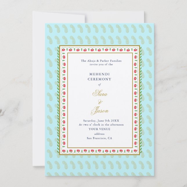 Floral border Aqua & Gold Indian wedding Mehendi  Invitation (Front)