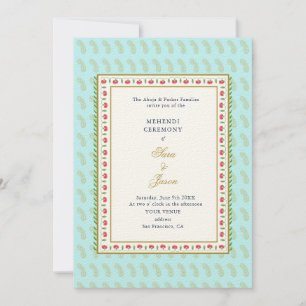 Floral border Aqua & Gold Indian wedding Mehendi  Invitation
