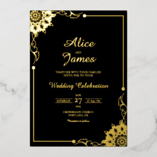 Floral Border Black Gold Foil Wedding Invitation