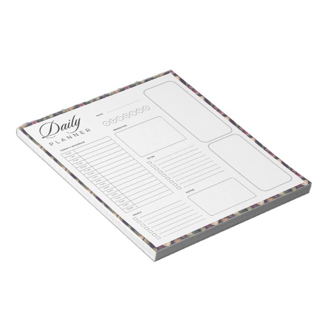 Floral border blank universal daily planner sheet notepad (Angled)