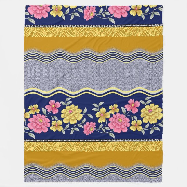  Floral Border Blue Background Zig Zag Pattern  Fleece Blanket (Front)