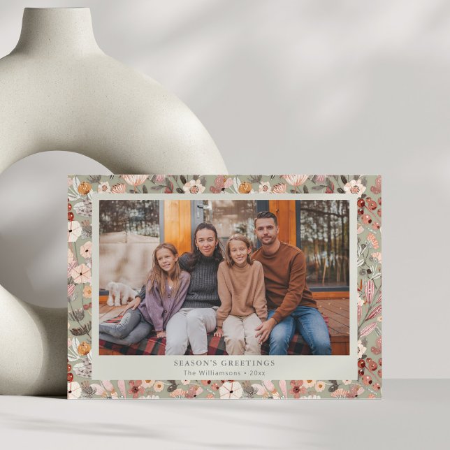 Floral Border Cozy Neutral Family Christmas Custom Holiday Card (Creator Uploaded)
