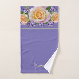Floral Border Foliage Roses Periwinkle Background Hand Towel