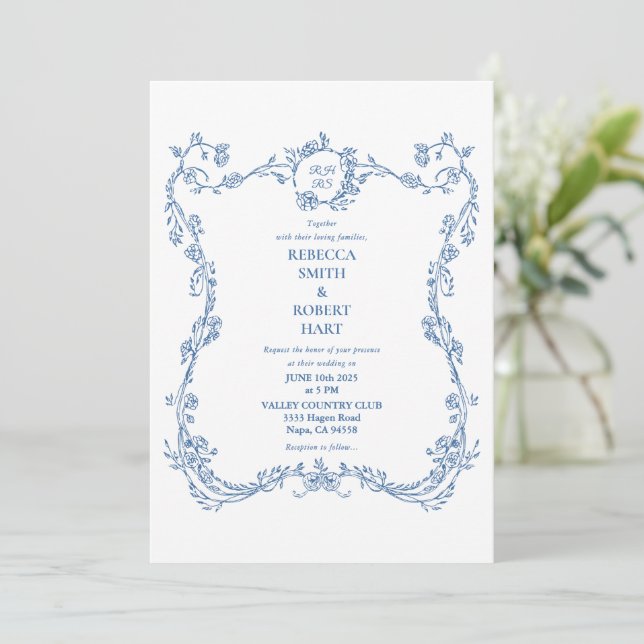 Floral Border French Toile Blue Invitation 02 (Standing Front)