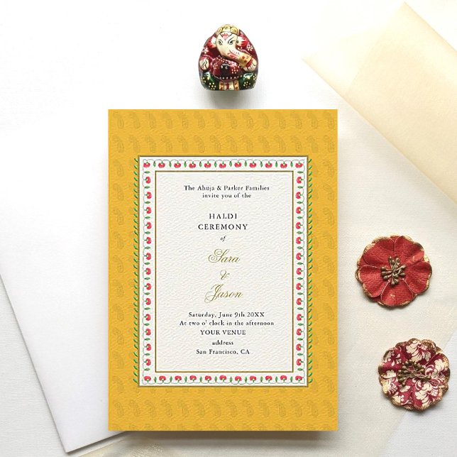 Floral border Gold Indian wedding Haldi Ceremony Invitation (Creator Uploaded)