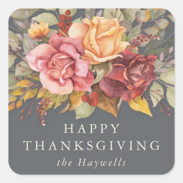 Floral Border Happy Thanksgiving Square Sticker (Front)