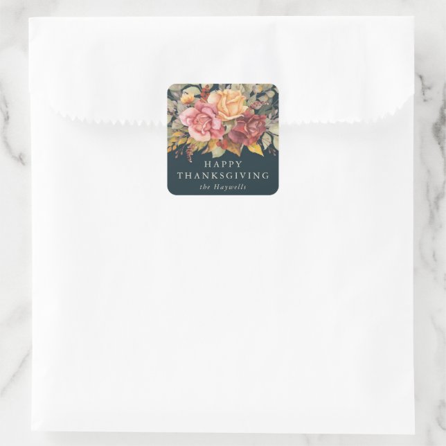Floral Border Happy Thanksgiving Square Sticker (Bag)