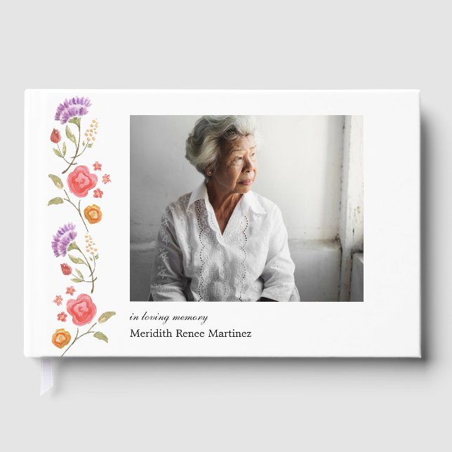 Floral Border Photo Celebration of Life Guest Book (Front)