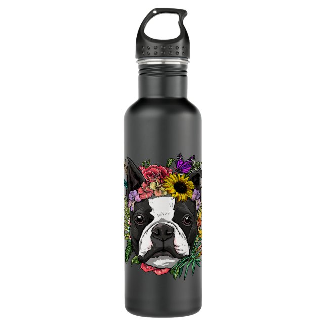 Floral Boston Terrier Botanical Plant Flower Puppy 710 Ml Water Bottle (Front)