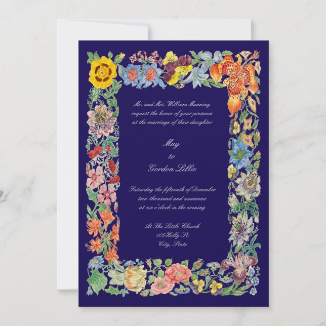 Floral Botanical Art Multi Coloured Border Wedding Invitation (Front)