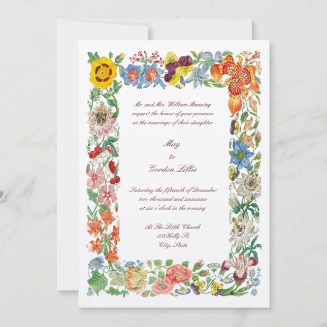 Floral Botanical Art Multi Coloured Border Wedding Invitation (Front)