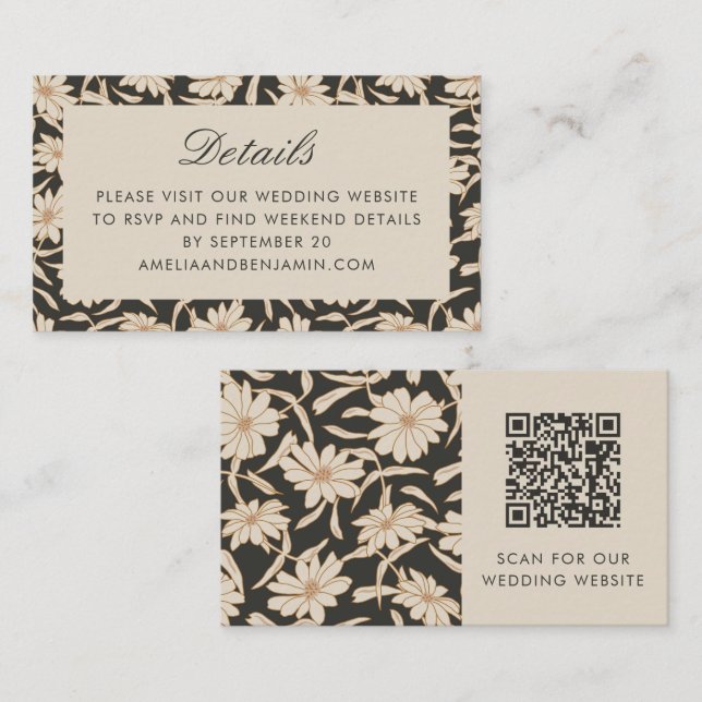 Floral Botanical Black Ivory Wedding RSVP QR Code Enclosure Card (Front/Back)