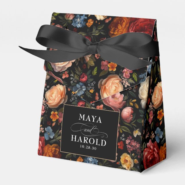 Floral Botanical Black Moody Chic Wedding Favour Box (Front Side)