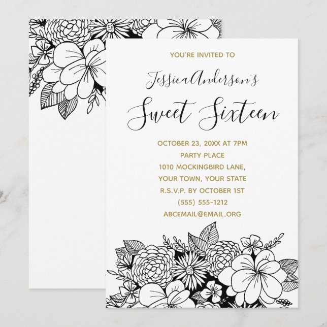 Floral Botanical Black White Gold Sweet 16 Invitation (Front/Back)