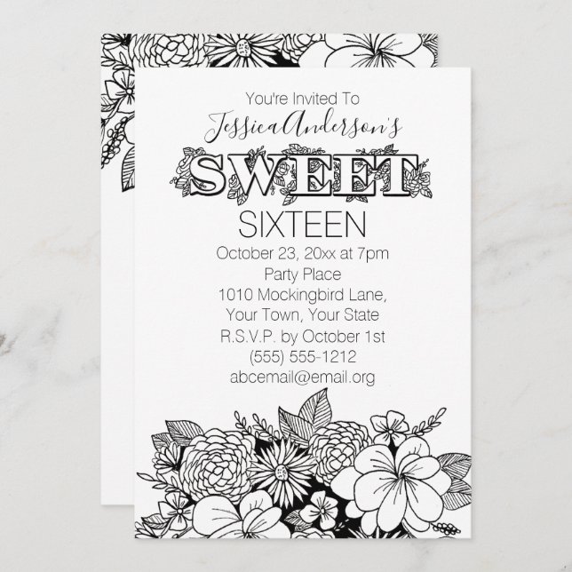 Floral Botanical Black White Sweet 16 Invitation (Front/Back)