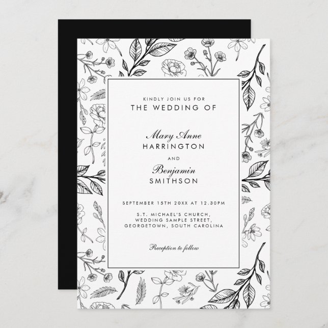 Floral Botanical Black White Wedding Invitation (Front/Back)