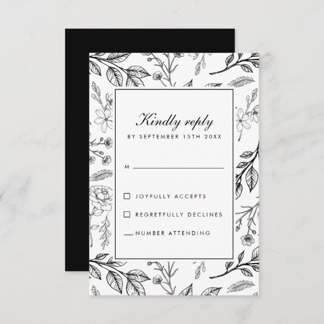 Floral Botanical Black White Wedding RSVP Card (Front/Back)