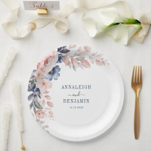 Floral Botanical Blue Greenery Wedding Paper Plate