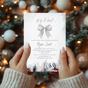 Floral Botanical Bow Winter Snow Girl Baby Shower Invitation