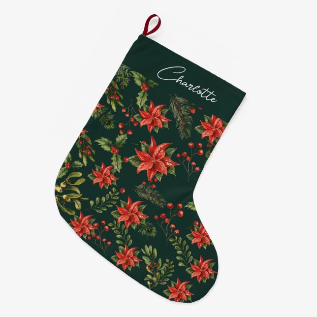 Floral Botanical Christmas Holiday Large Christmas Stocking (Front (Hanging))