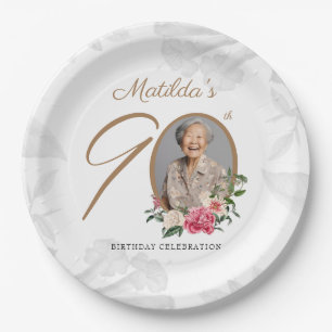 Floral Botanical Custom Photo 90th Birthday Party  Paper Plate