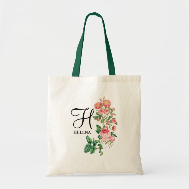 Floral Botanical Customized Monogram Tote Bag (Front)